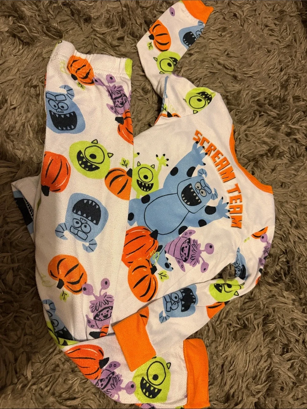 Disney White Kids Pajamas with Orange Trim and Multicolor Monster Prints